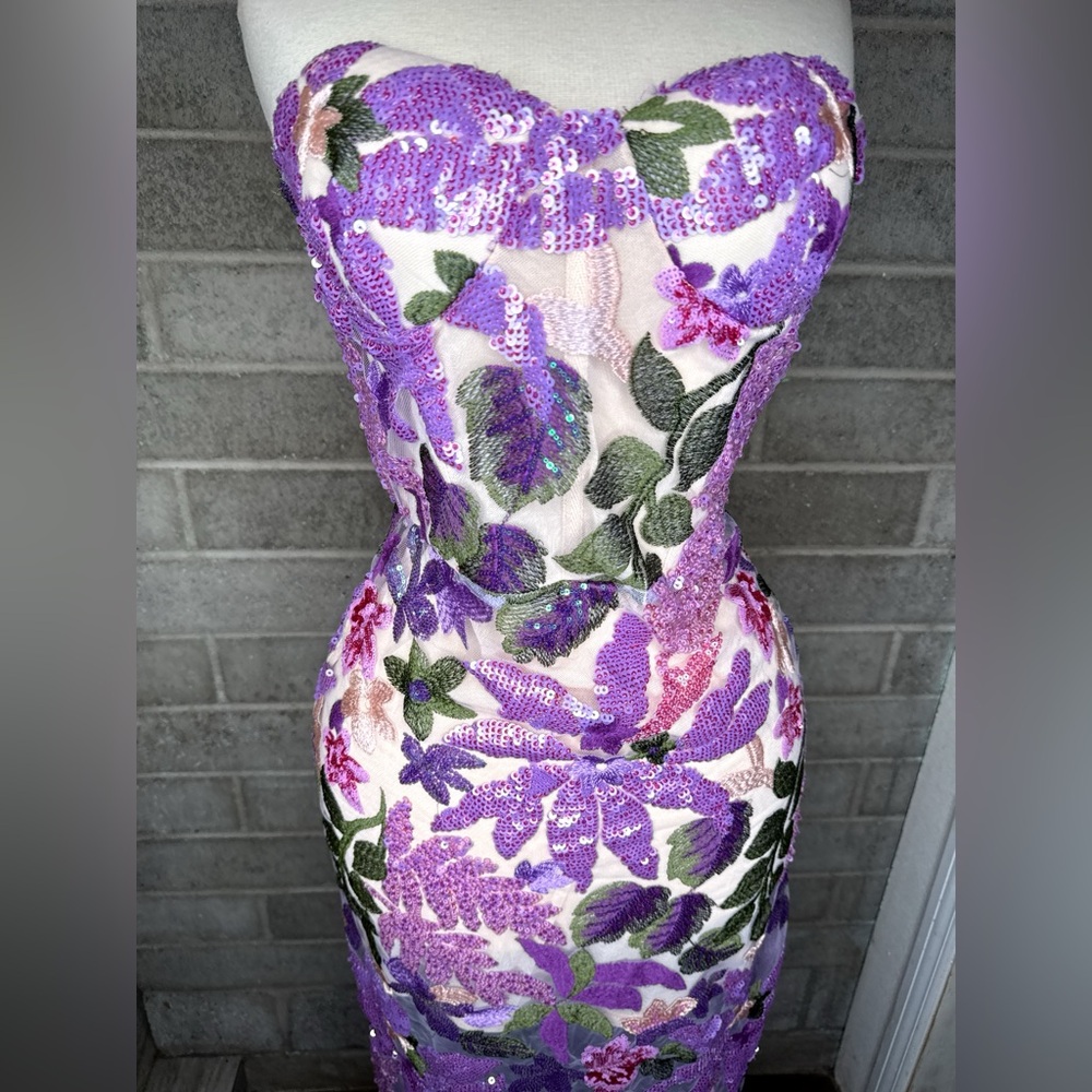 Bella Barnett Floral Sequin Strapless Maxi Dress Purple Embroidered Mesh M - Picture 7 of 13